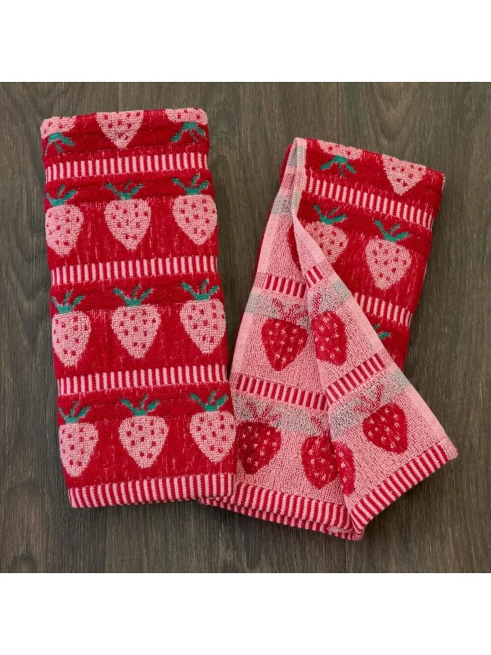 2pc Strawberry Jacquard Hand Towel Set, Soft 100% Cotton, Red Kitchen Decor